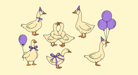 White geese wearing party hats and purple balloons, celebration concept, festive background © Vasant