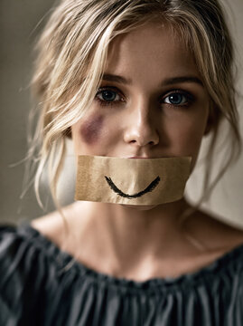 Domestic Violence Awareness Portrait with Tape Smile and Bruised Eye AI Generative