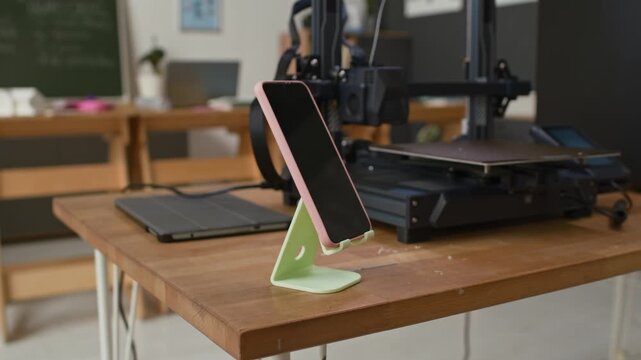 Close up no people shot of green 3D printed stand holding pink smartphone on wooden table next to 3D printer in classroom