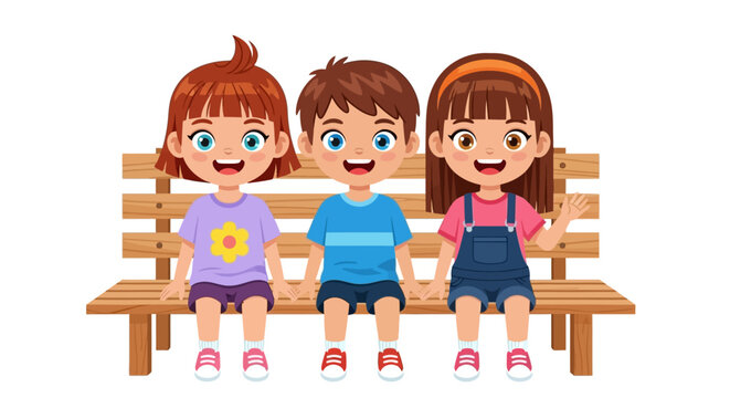 Three happy kids sitting on wooden bench, childhood friendship concept, illustration