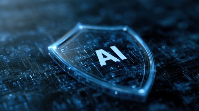 AI cybersecurity shield protecting digital data, secure network, cyber defense, privacy technology