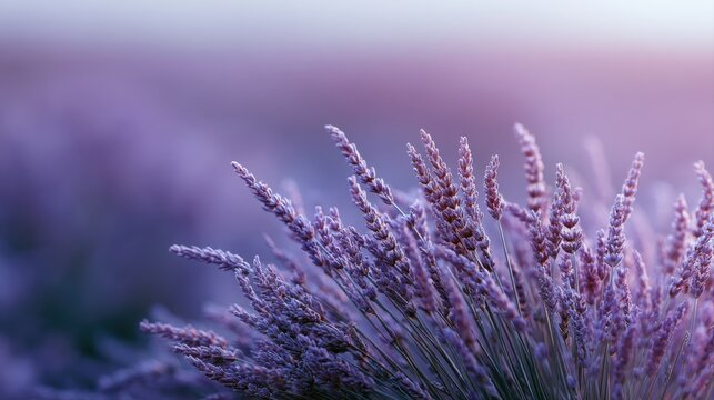 lavender field landscape during sunset, romantic nature wallpaper, soft purple tones