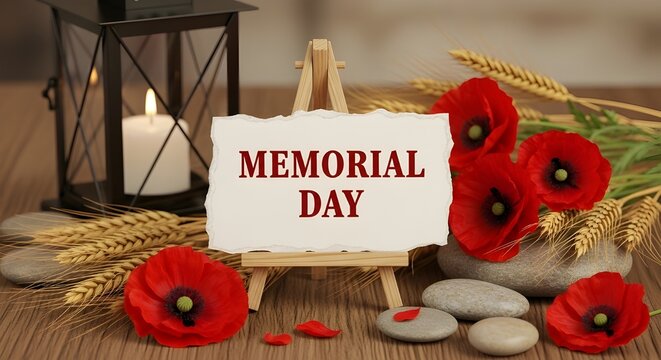 Memorial day remembrance still life with poppies lantern and wheat patriotic holiday concept