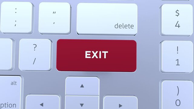 3D Animation of Exit key or button pressed on a computer keyboard. Exit concept 4k video.