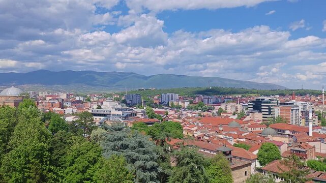 Aerial view of Skopje capital of North Macedonia. View on Buildings in City Center from Above
