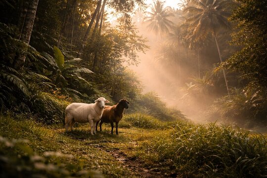 Two Sacrificial Sheep in Lush Indonesian Tropical Forest with Morning Sunrays for Eid al-Adha