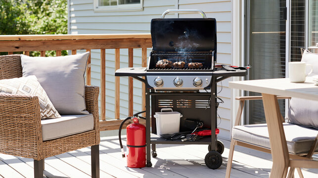 Modern gas grill on a sunny patio terrace with burgers cooking and a fire extinguisher