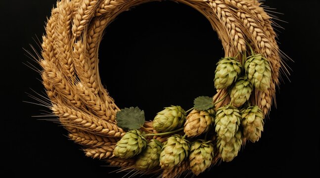 Golden wheat stalks and green hop cones form a circular wreath. This natural frame with copy space suits harvest themes, beer brewing, or autumn celebrations.