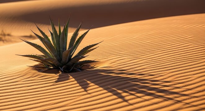 Desert aloe plant silhouette on sand dunes with sunlight and shadow