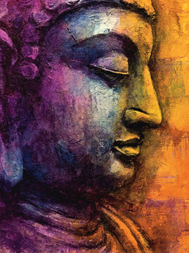 Colorful Watercolor Buddha Portrait with Abstract Paint Splashes. AI generative.