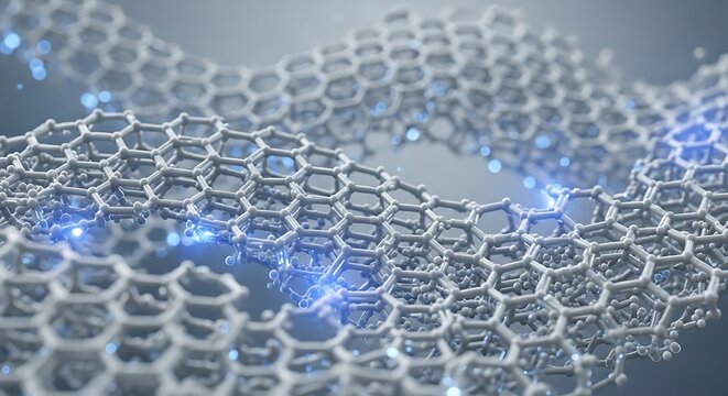 A 3d rendering of a carbon nanotube with a hexagonal lattice structure and glowing blue lights on a gray background