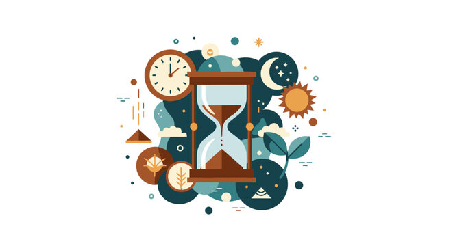 Conceptual Time Management Vector Illustration featuring Hourglass, Analog Clock, Sun, Moon, and Nature Elements for Growth and Cycle Concepts