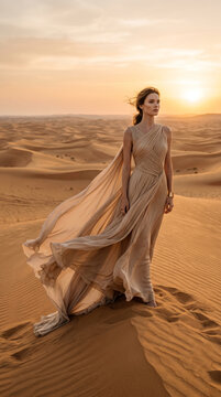 Ethereal fashion portrait of a graceful woman standing on golden sand dunes in a vast desert wearing a stunning flowing pleated beige dress catching the wind at sunset
