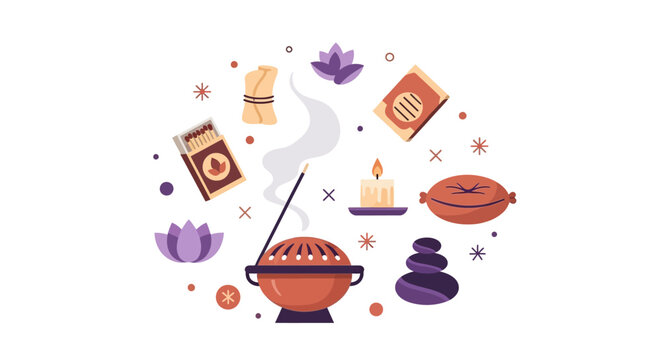 Meditation and Wellness Accessories Flat Vector Illustration Set with Incense, Lotus Flowers, Zen Stones and Candle