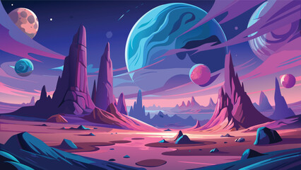 Alien planet landscape with towering rock formations and multiple planets in a vibrant colorful setting extraterrestrial terrain © CreativeKamrul