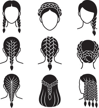 Women hair braid icon set. Braided hairstyles silhouette. Pigtails and plaits vector collection. Hair salon logo elements. Girl hairstyle symbols. Fashion beauty icons black and white. Female head