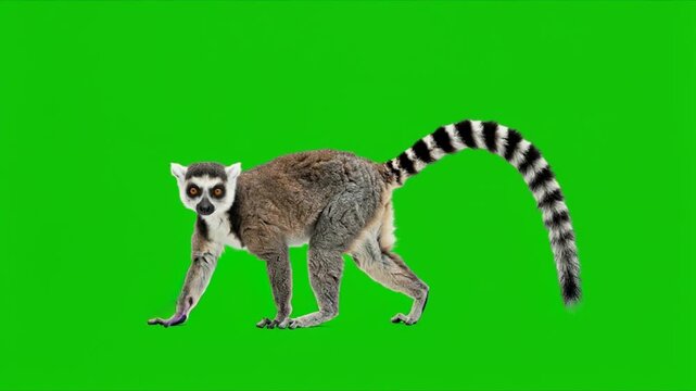 ring tailed lemur walking isolated on green background.