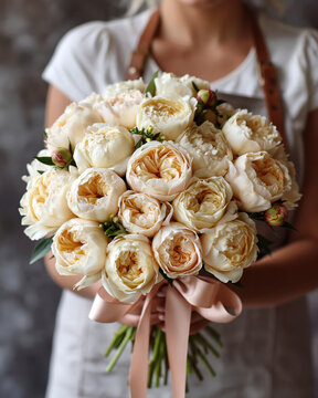 Elegant Bridal Bouquet of Soft Pink Peonies with Ribbon. AI generative.