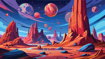 Stylized alien landscape with red rock formations and multiple planets in a vibrant vector illustration planet extraterrestrial © CreativeKamrul