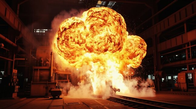 Massive explosion engulfs industrial factory interior with intense fireballs, smoke clouds. Orange, yellow light illuminates steel structures, machinery, train tracks. Heat, destruction evident.