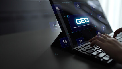 Obraz premium Modern Technology Concept with Hands Using Laptop for Geographic Information System Analysis and Data Management