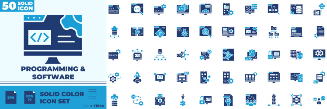Programming And Software Solid Color Editable Icons set
