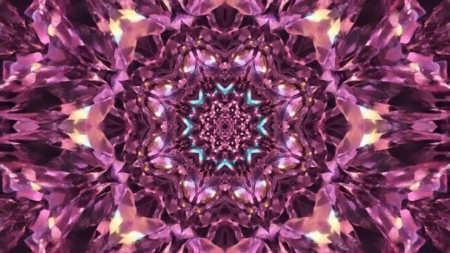 Hypnotic Pink Kaleidoscope Abstract Background with Geometric Patterns and Light Effects.