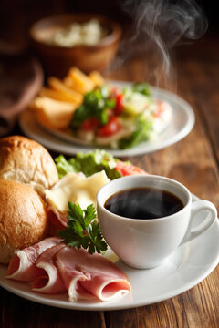 Gourmet Ham and Cheese Sandwich with Fresh Herbs and Coffee. AI generative.