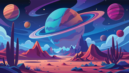 Planetary landscape illustration with ringed planet desert terrain and colorful celestial bodies planets body mountains cacti space © CreativeKamrul