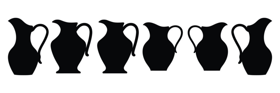 Six black silhouette jugs on white background for design and decoration