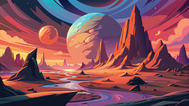 Alien landscape with two planets and jagged rock formations a vibrant vector illustration planet extraterrestrial digital art