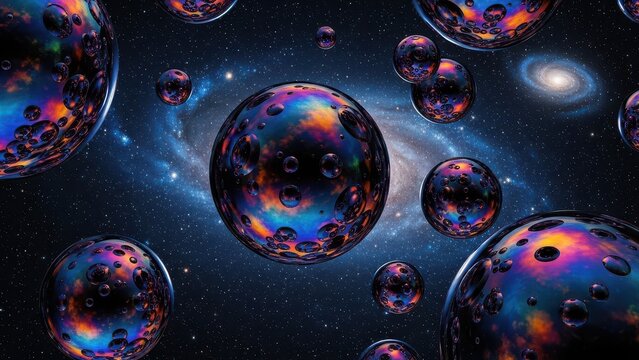 Colorful cosmic orbs float within galaxy space