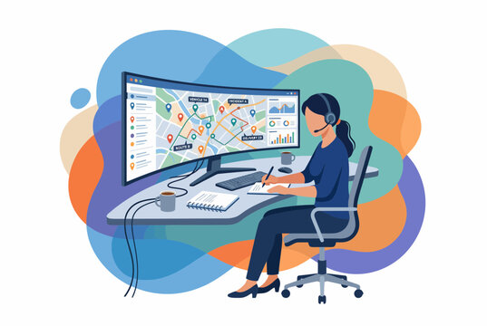 Female Emergency Dispatcher at Workstation with Large Monitor