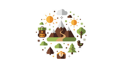 Fototapeta premium Flat Design Nature and Hiking Concept Illustration with Mountains, Forest, Backpack and Wildlife Icons in a Circular Composition
