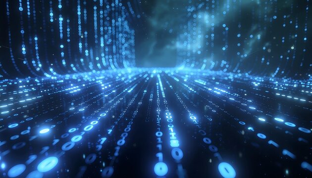 Abstract Digital Background with Glowing Blue Binary Code Data Stream.