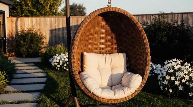 Wicker egg chair with cushion hangs in lush green backyard garden. Stone path leads to outdoor patio area. Peaceful serene outdoor relaxation.
