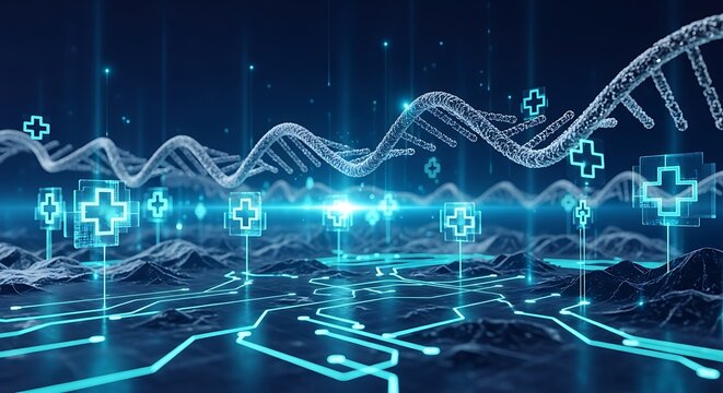 Futuristic medical technology concept with glowing blue circuits and dna helix on a dark background with medical symbols
