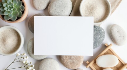 Flat lay with stones, soap, succulent plant, white card for text. Gentle spa composition with neutral colors, natural elements. Top view of serene wellness aesthetic for branding or invitations.