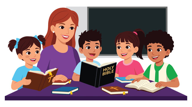 Bible study for kids with a teacher in classroom.