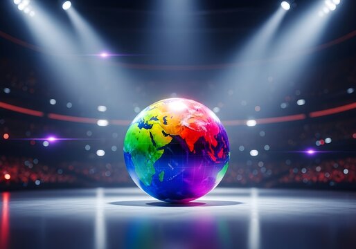 Multicolored globe on stage with spotlights shining down
