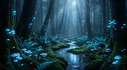 Fototapeta premium Blue Forest Stream Fantasy Nature Desktop Wallpaper for Computer Display 8K UHD