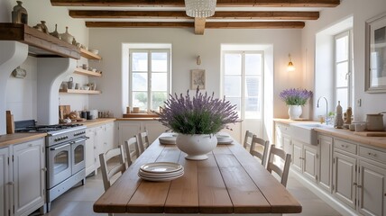 Fototapeta premium Rustic farmhouse kitchen interior with wooden beams white cabinetry and a large dining table centerpiece