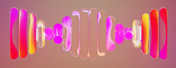 Neon fractal glass spiral lines with purple red yellow gradient on 3d background. Audio sound wave shape. DNA helix strand abstract design. Lens distortion, bends light, ripple effect. 3D illustration © marozhkastudio