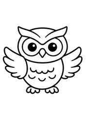 Fototapeta premium Cute cartoon owl illustration ready for coloring. Simple line art owl with open wings for kids activities. Adorable bird for creative fun and educational projects.