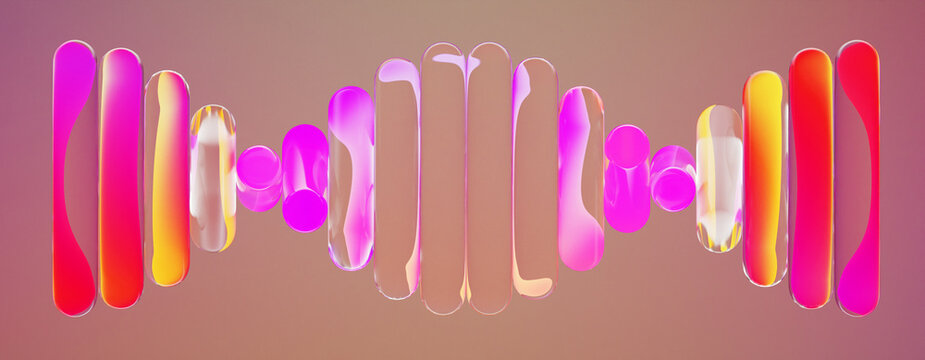 Neon fractal glass spiral lines with purple red yellow gradient on 3d background. Audio sound wave shape. DNA helix strand abstract design. Lens distortion, bends light, ripple effect. 3D illustration