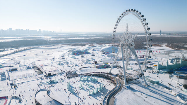 Aerial photography of Harbin International Ice and Snow Sculpture Festival is an annual winter festival that takes place in Harbin. It is the world largest ice and snow festival.