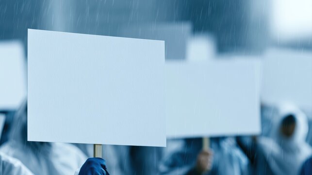 Protesters holding blank signs during imaginary economic downturn in futuristic city center, rainy atmosphere