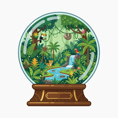 Fototapeta premium A vibrant jungle ecosystem encapsulated within a glass snow globe, featuring a waterfall, diverse flora and fauna, and a whimsical display of tropical life