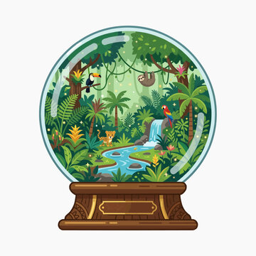 A vibrant jungle ecosystem encapsulated within a glass snow globe, featuring a waterfall, diverse flora and fauna, and a whimsical display of tropical life
