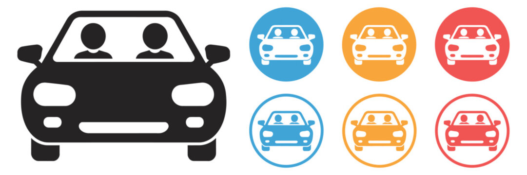 Carpool people car icon set representing shared vehicle commute, group passenger car symbols, minimal vector pictograms for ride pooling services, urban transport solutions, app design, 